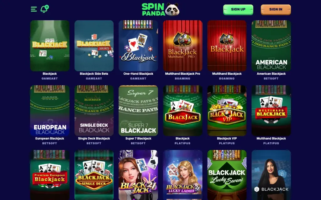 SpinPanda Casino BlackJack Selection