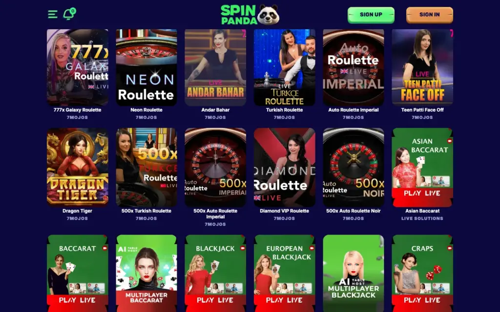 Spin Panda Casino Live Selectie